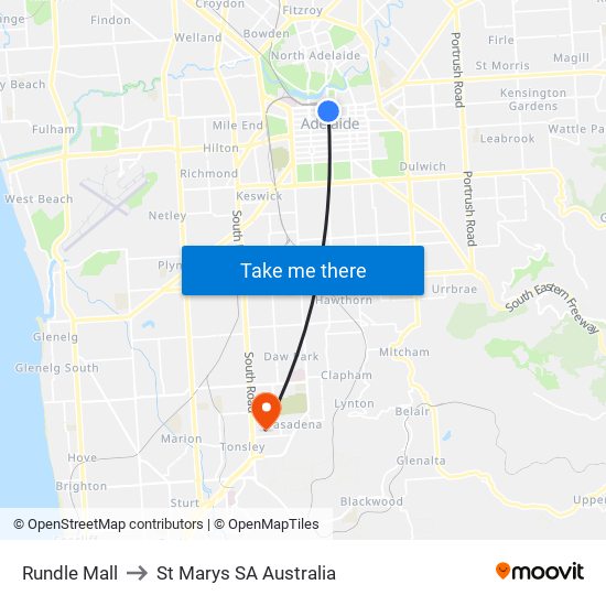 Rundle Mall to St Marys SA Australia map