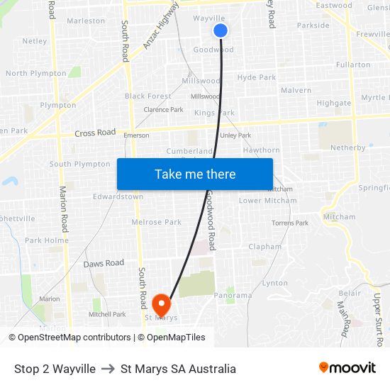 Stop 2 Wayville to St Marys SA Australia map