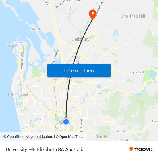 University to Elizabeth SA Australia map