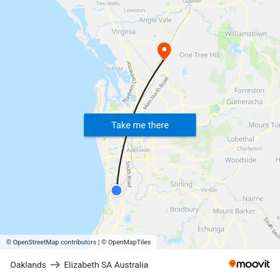 Oaklands to Elizabeth SA Australia map