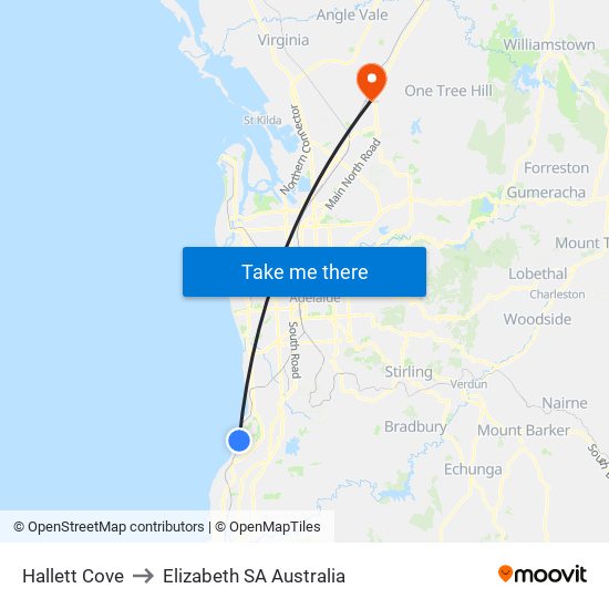 Hallett Cove to Elizabeth SA Australia map