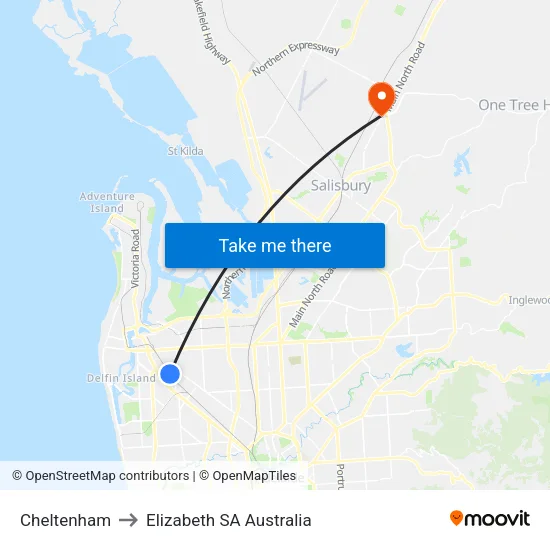 Cheltenham to Elizabeth SA Australia map
