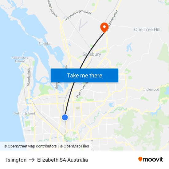 Islington to Elizabeth SA Australia map