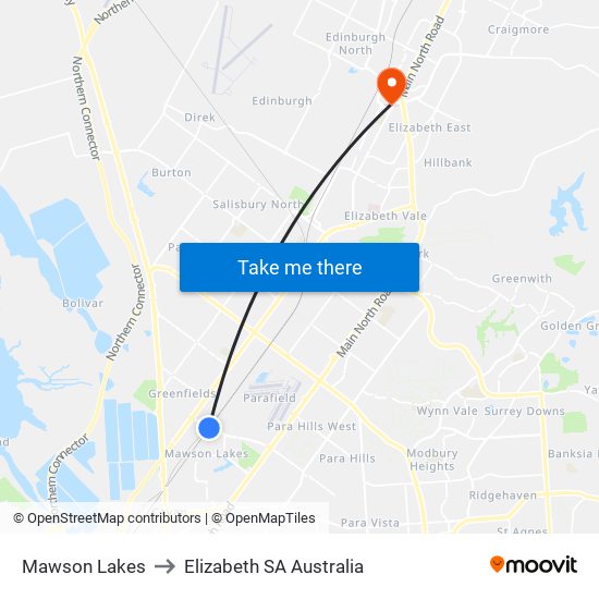 Mawson Lakes to Elizabeth SA Australia map