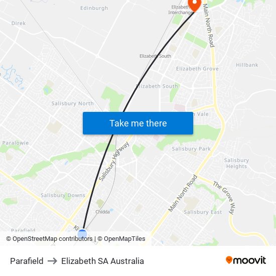 Parafield to Elizabeth SA Australia map