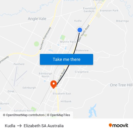 Kudla to Elizabeth SA Australia map