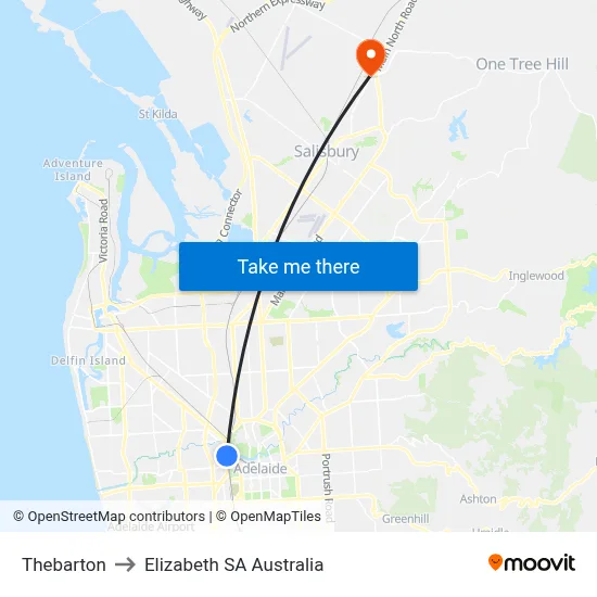 Thebarton to Elizabeth SA Australia map