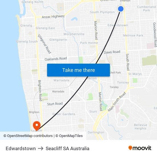 Edwardstown to Seacliff SA Australia map