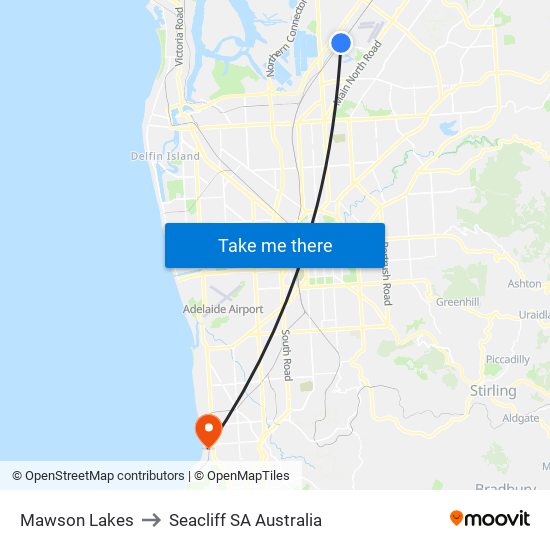 Mawson Lakes to Seacliff SA Australia map