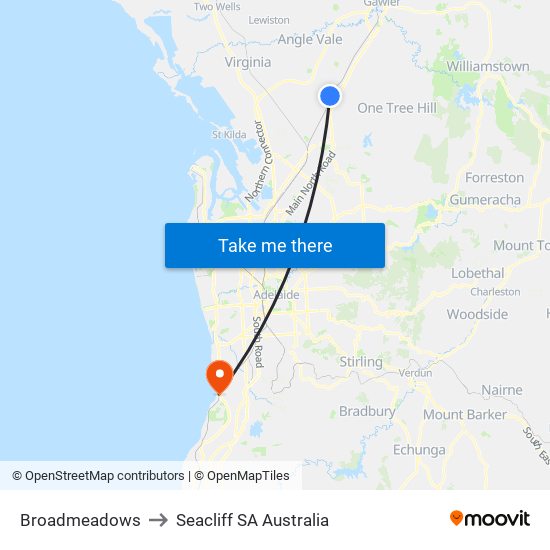 Broadmeadows to Seacliff SA Australia map