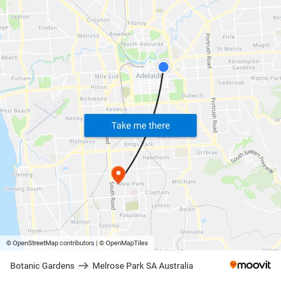 Botanic Gardens to Melrose Park SA Australia map