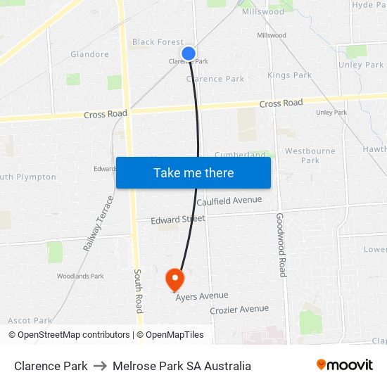 Clarence Park to Melrose Park SA Australia map