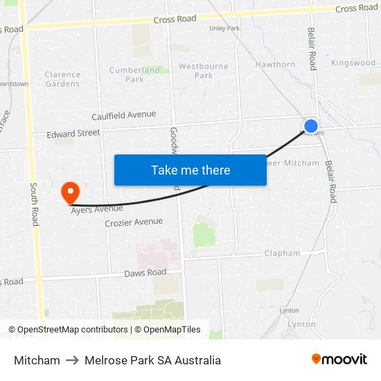 Mitcham to Melrose Park SA Australia map