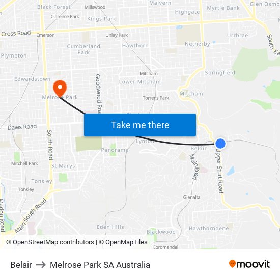 Belair to Melrose Park SA Australia map