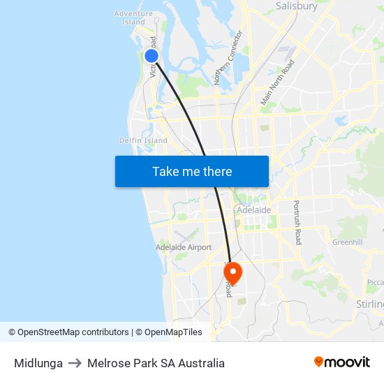 Midlunga to Melrose Park SA Australia map