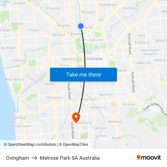 Ovingham to Melrose Park SA Australia map