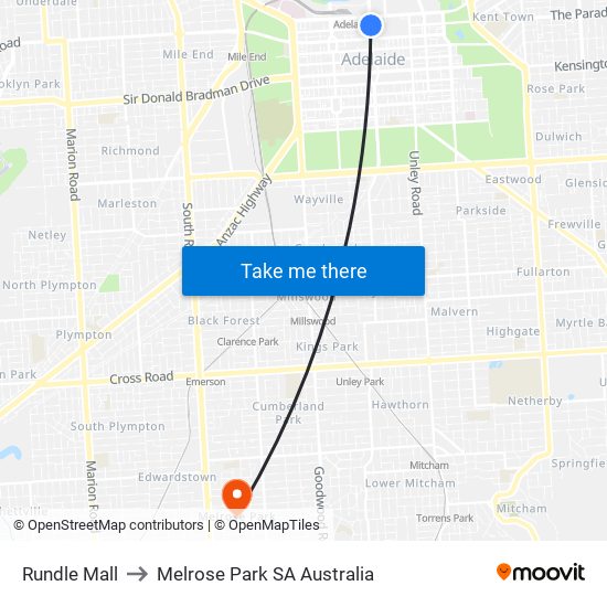 Rundle Mall to Melrose Park SA Australia map