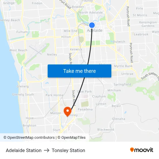 Adelaide Station to Tonsley Station map