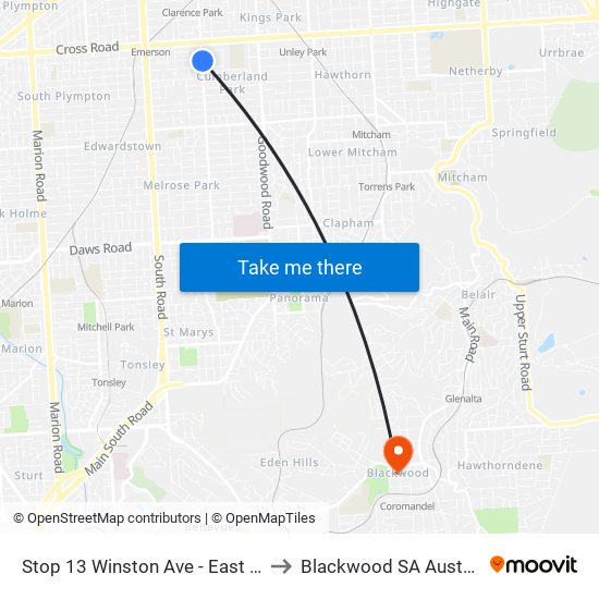 Stop 13 Winston Ave - East side to Blackwood SA Australia map