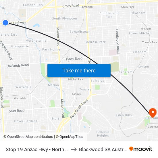 Stop 19 Anzac Hwy - North side to Blackwood SA Australia map