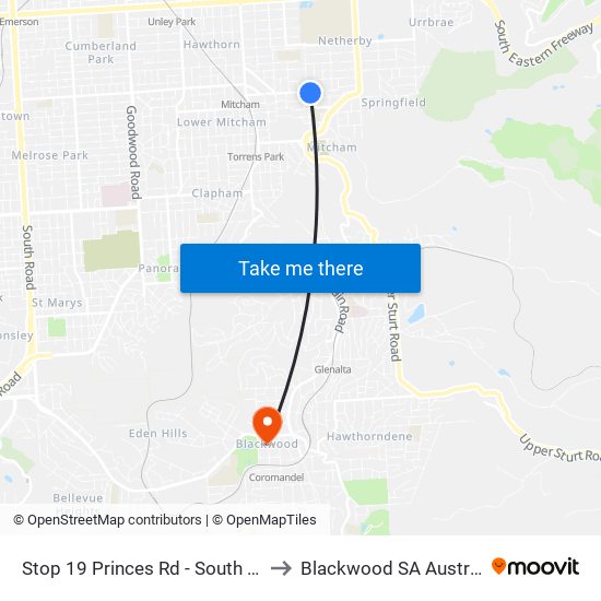 Stop 19 Princes Rd - South side to Blackwood SA Australia map