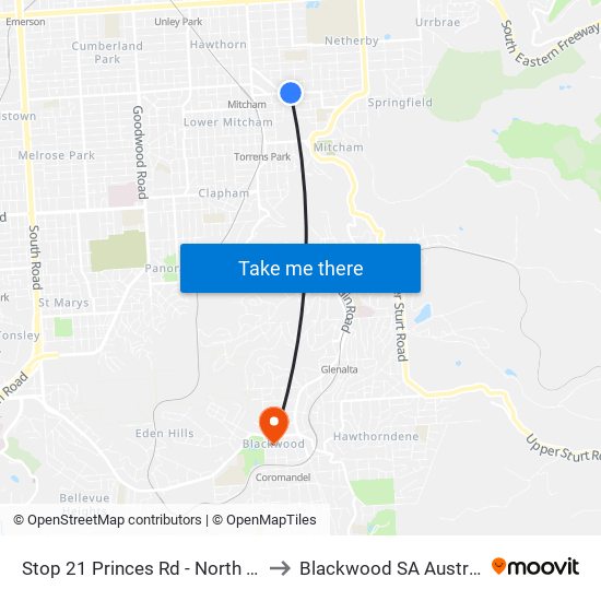 Stop 21 Princes Rd - North side to Blackwood SA Australia map