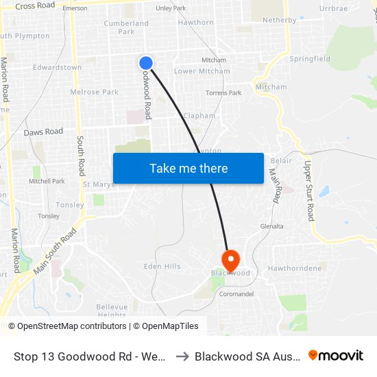 Stop 13 Goodwood Rd - West side to Blackwood SA Australia map