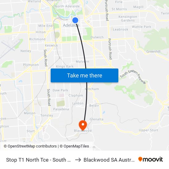 Stop T1 North Tce - South side to Blackwood SA Australia map