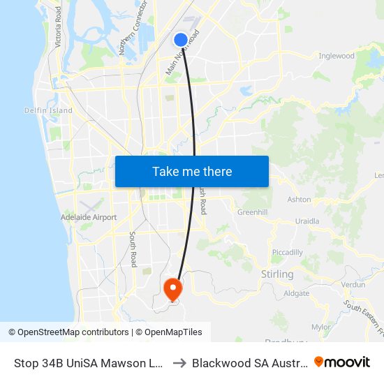 Stop 34B UniSA Mawson Lakes to Blackwood SA Australia map