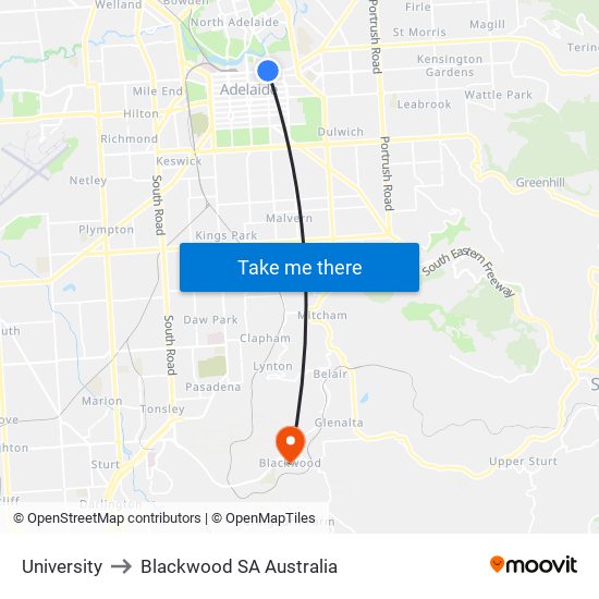 University to Blackwood SA Australia map