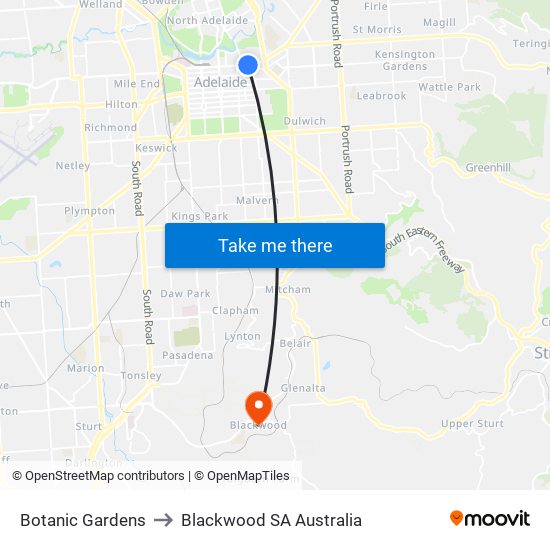 Botanic Gardens to Blackwood SA Australia map