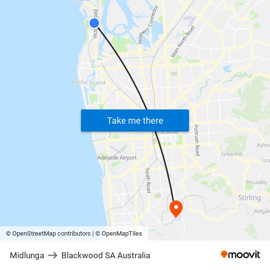 Midlunga to Blackwood SA Australia map