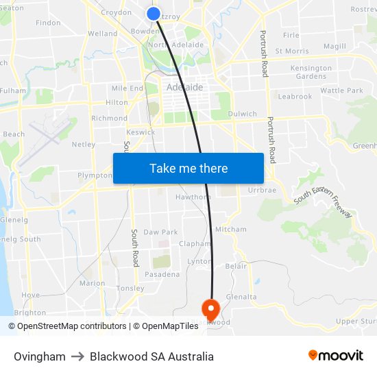 Ovingham to Blackwood SA Australia map