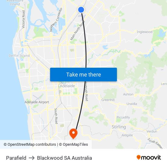 Parafield to Blackwood SA Australia map
