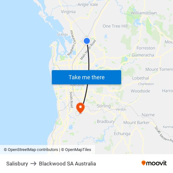 Salisbury to Blackwood SA Australia map