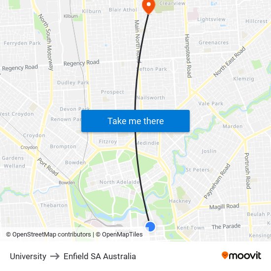 University to Enfield SA Australia map