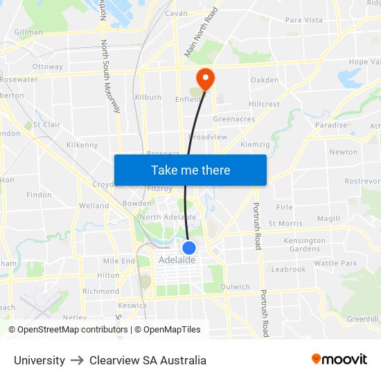 University to Clearview SA Australia map