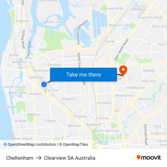 Cheltenham to Clearview SA Australia map