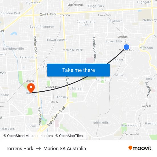 Torrens Park to Marion SA Australia map