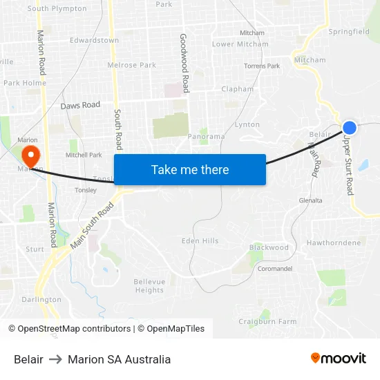Belair to Marion SA Australia map