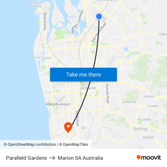 Parafield Gardens to Marion SA Australia map