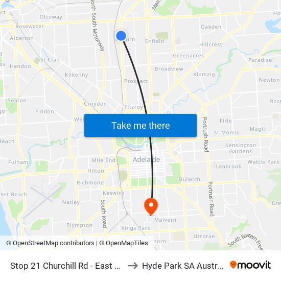 Stop 21 Churchill Rd - East side to Hyde Park SA Australia map