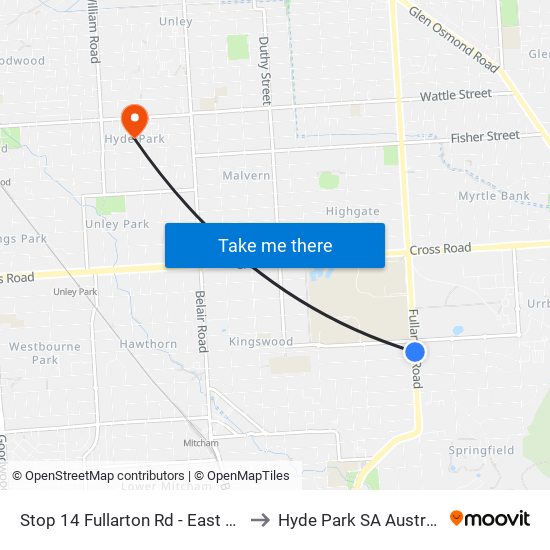 Stop 14 Fullarton Rd - East side to Hyde Park SA Australia map