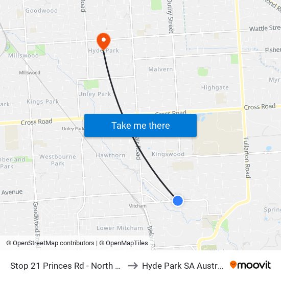 Stop 21 Princes Rd - North side to Hyde Park SA Australia map