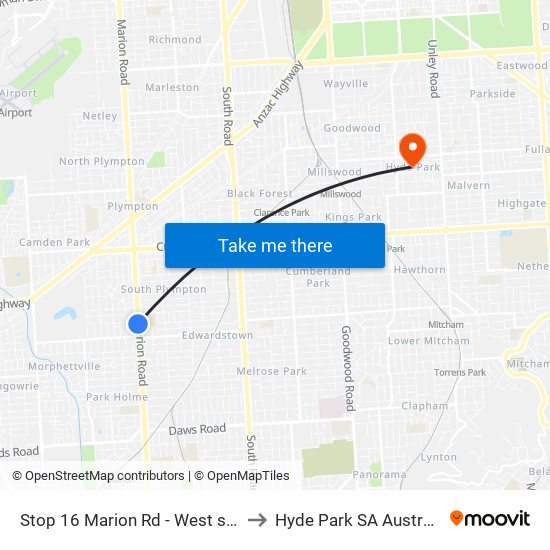 Stop 16 Marion Rd - West side to Hyde Park SA Australia map