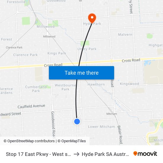 Stop 17 East Pkwy - West side to Hyde Park SA Australia map