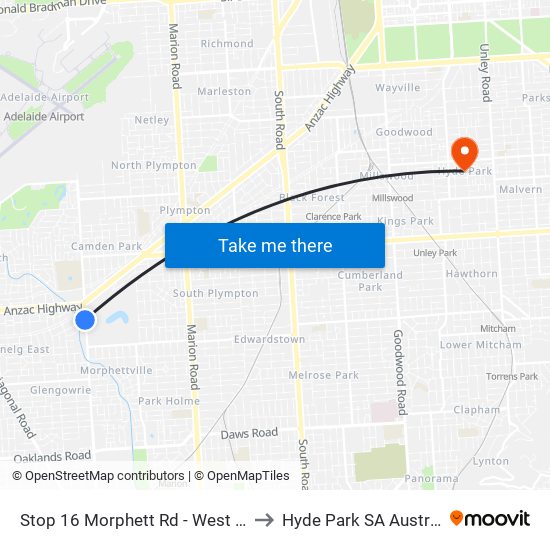 Stop 16 Morphett Rd - West side to Hyde Park SA Australia map
