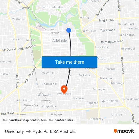 University to Hyde Park SA Australia map