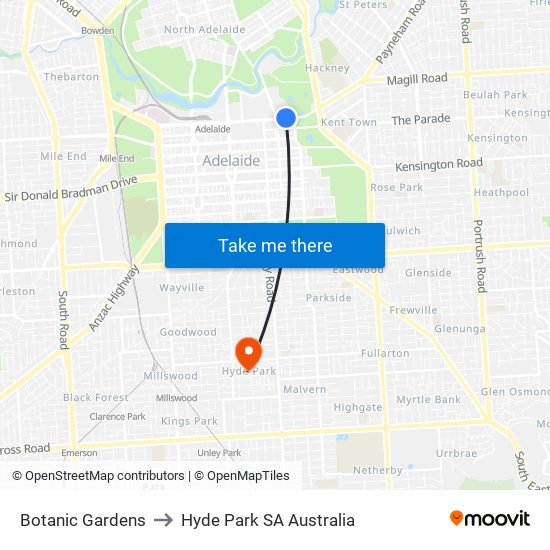 Botanic Gardens to Hyde Park SA Australia map