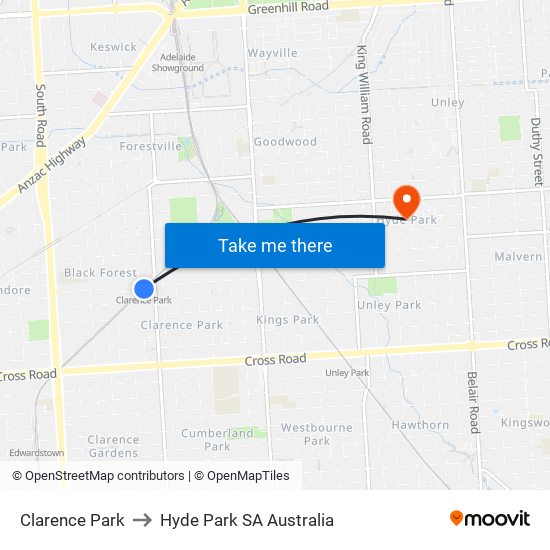 Clarence Park to Hyde Park SA Australia map